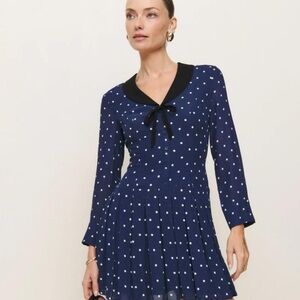 Reformation Navy Polka Dot Long-Sleeve Dress with Black Collar